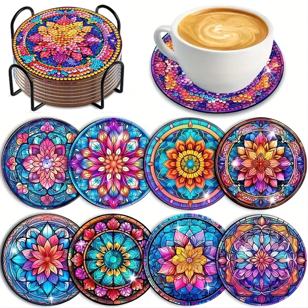 Diamantmalerei Untersetzer Set mit Halter Blumenmotiv Holz Mosaik