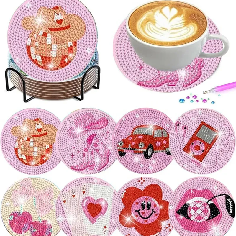 Diamantmalerei Untersetzer Set mit Halterungen Pink Serie