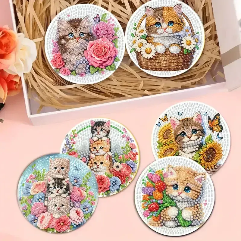 Diamantmalerei Untersetzer Set mit Ständer Katzenmotiv 10 x 10 cm