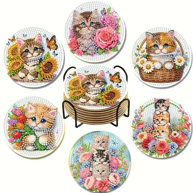 Diamantmalerei Untersetzer Set mit Ständer Katzenmotiv 10 x 10 cm