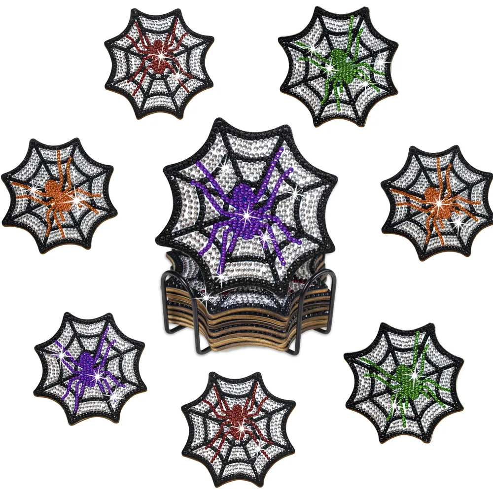 Diamantmalerei Untersetzer Set Spinnennetz mit Halter Holz