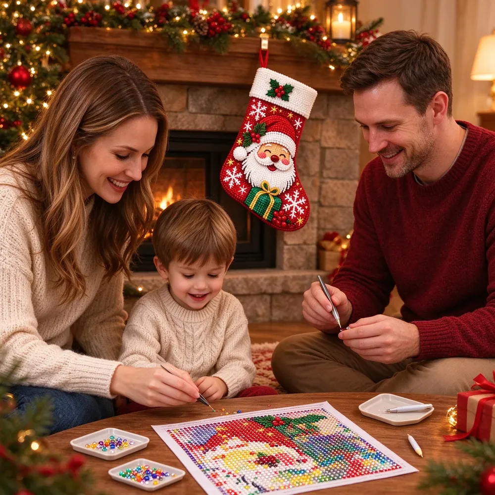 Diamantmalerei Weihnachtsstrumpf Set mit Nikolaus Schneemann