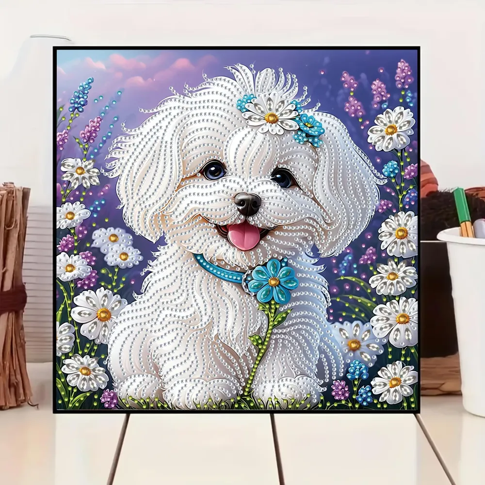 Diamantmalerei Welpe mit Blumen 30x30cm