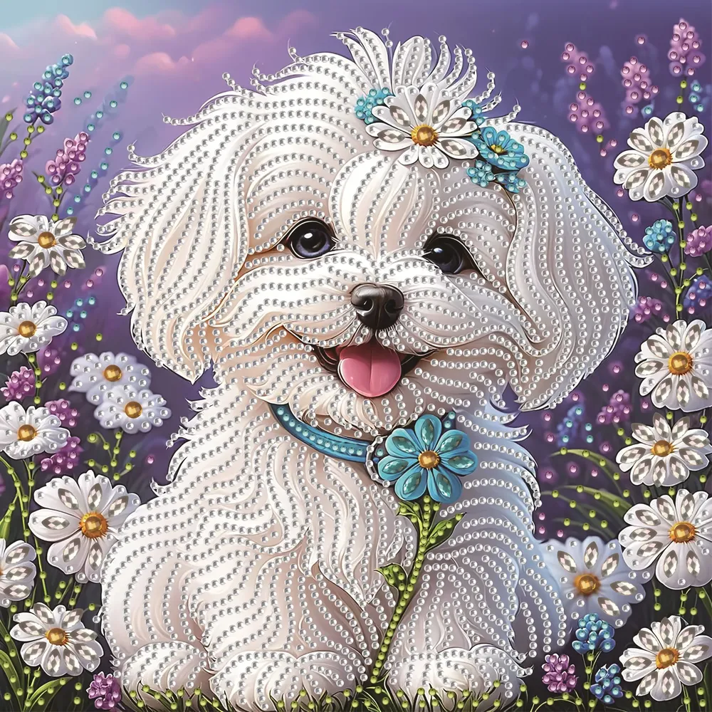 Diamantmalerei Welpe mit Blumen 30x30cm