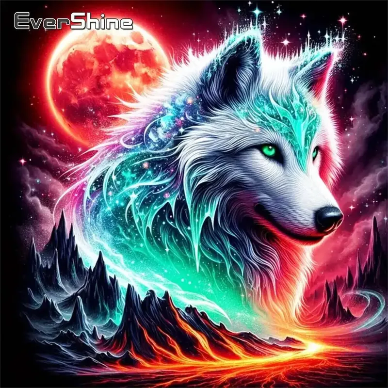 Diamantmalerei Wolf Hund Tier Mosaik Mond für Erwachsene Anfänger