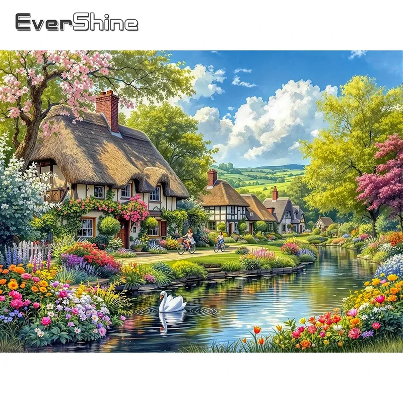Diamantstickerei Haus Garten Landschaft Baum 20x30cm bis 50x70cm