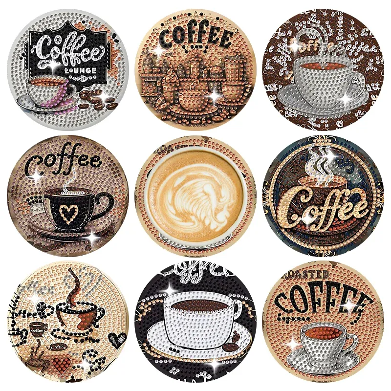 Diamond Painting Untersetzer 8 Stück Kaffeethema rund voll besetzt
