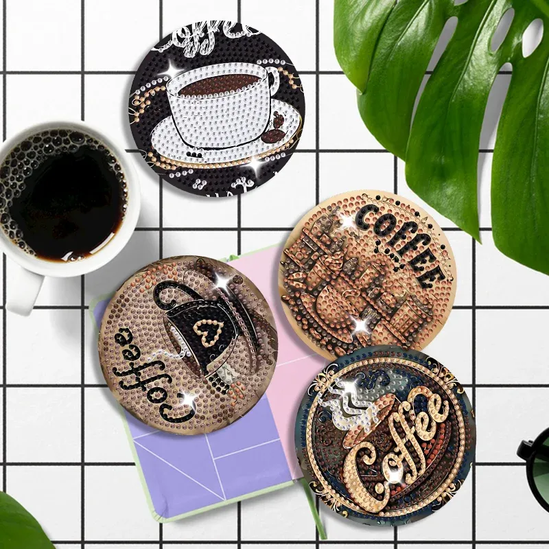 Diamond Painting Untersetzer 8 Stück Kaffeethema rund voll besetzt
