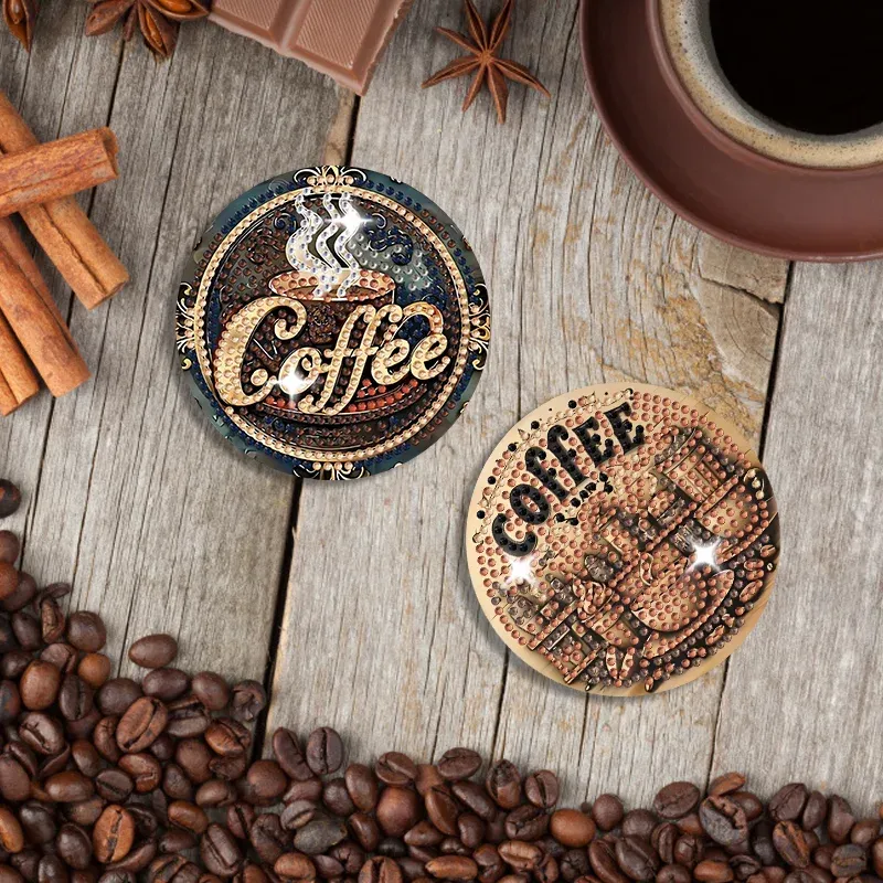 Diamond Painting Untersetzer 8 Stück Kaffeethema rund voll besetzt