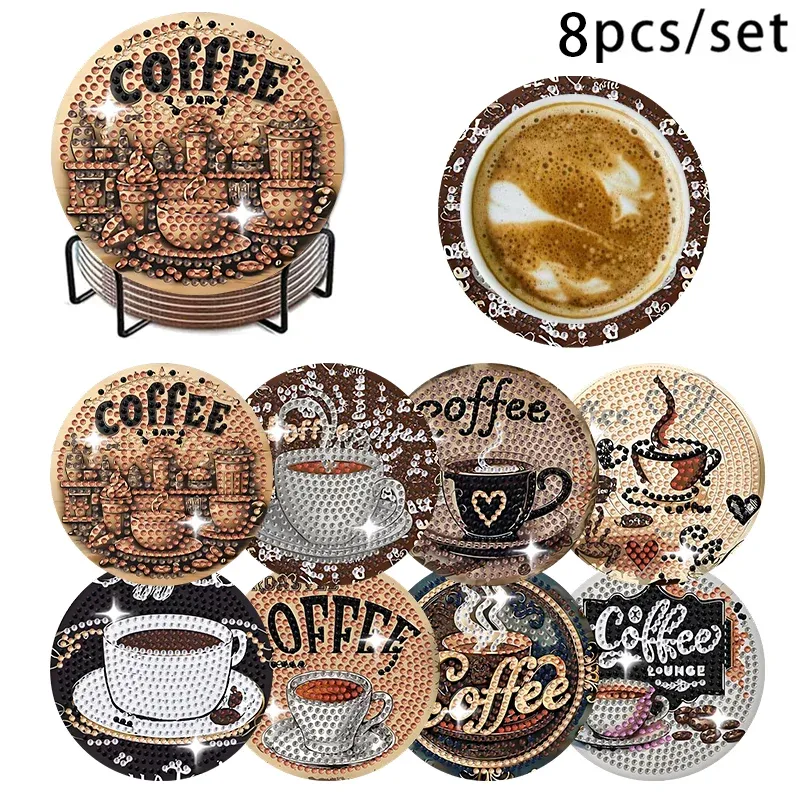 Diamond Painting Untersetzer 8 Stück Kaffeethema rund voll besetzt