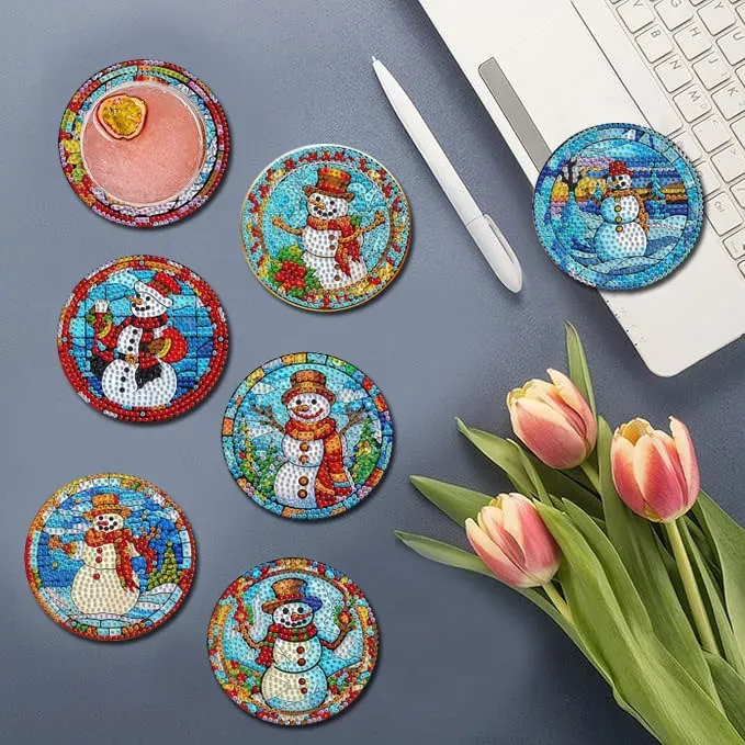 Diamond Painting Untersetzer 8 Stück Schneemann Muster Kristall Verzierungen