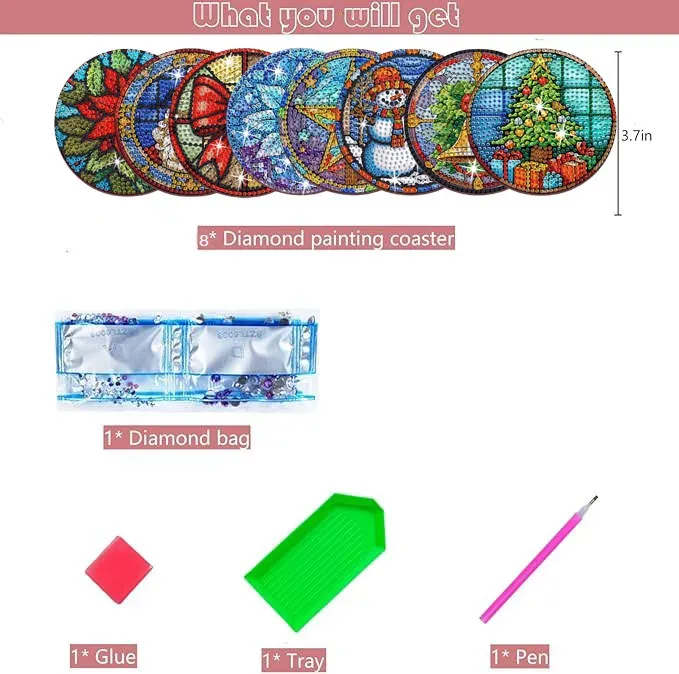 Diamond Painting Untersetzer 8 Stück Schneemann Muster Kristall Verzierungen