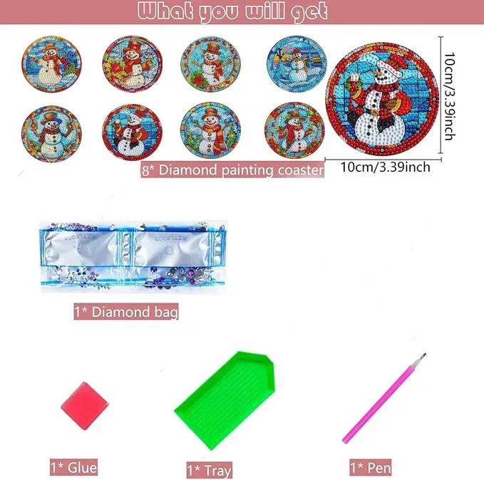 Diamond Painting Untersetzer 8 Stück Schneemann Muster Kristall Verzierungen