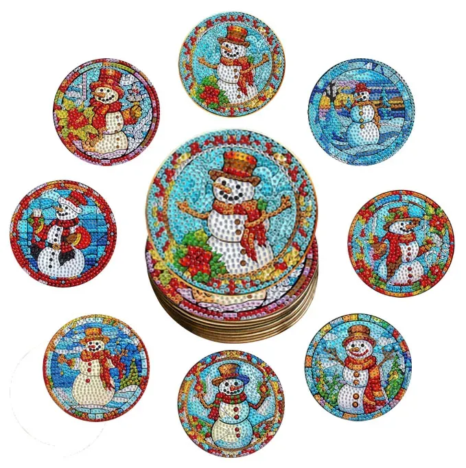 Diamond Painting Untersetzer 8 Stück Schneemann Muster Kristall Verzierungen