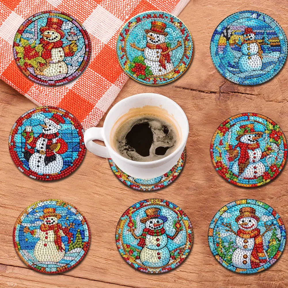 Diamond Painting Untersetzer 8 Stück Schneemann Muster Kristall Verzierungen