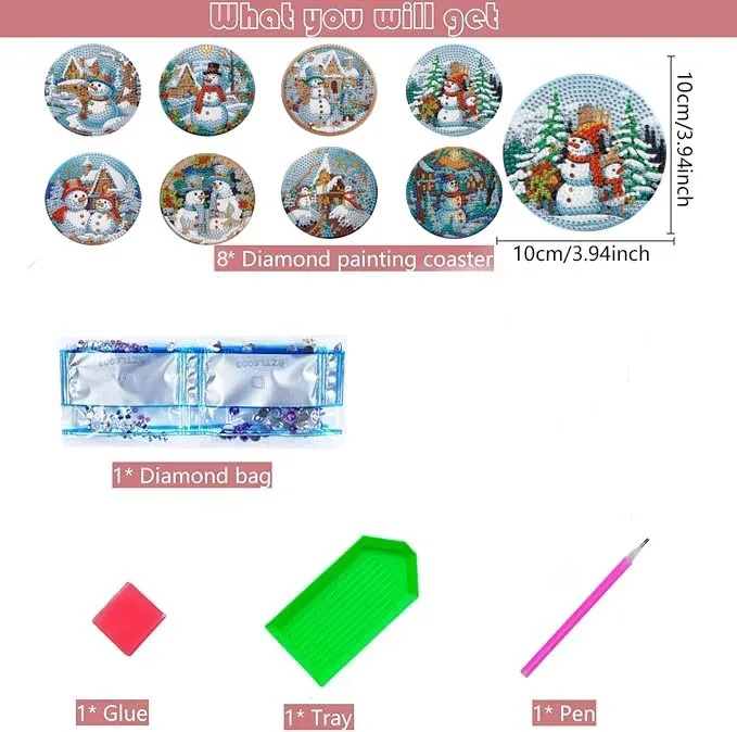 Diamond Painting Untersetzer 8 Stück Schneemann Muster Kristall Verzierungen