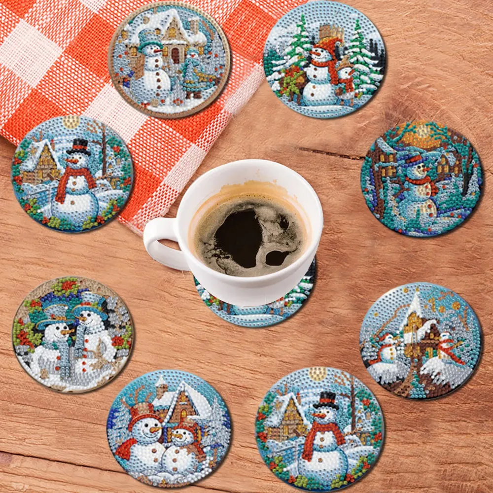Diamond Painting Untersetzer 8 Stück Schneemann Muster Kristall Verzierungen