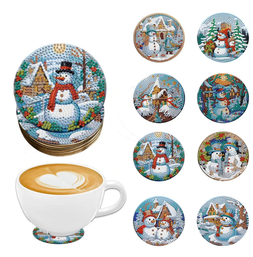 Diamond Painting Untersetzer 8 Stück Schneemann Muster Kristall Verzierungen