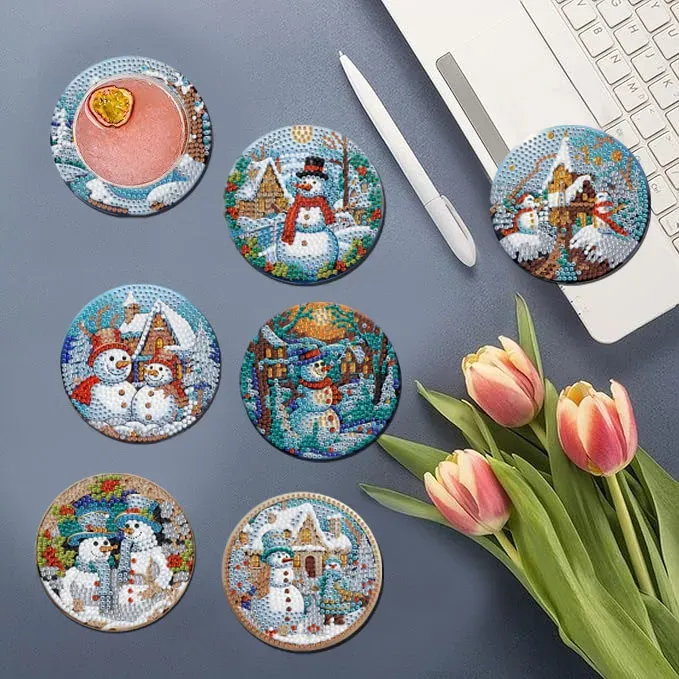 Diamond Painting Untersetzer 8 Stück Schneemann Muster Kristall Verzierungen