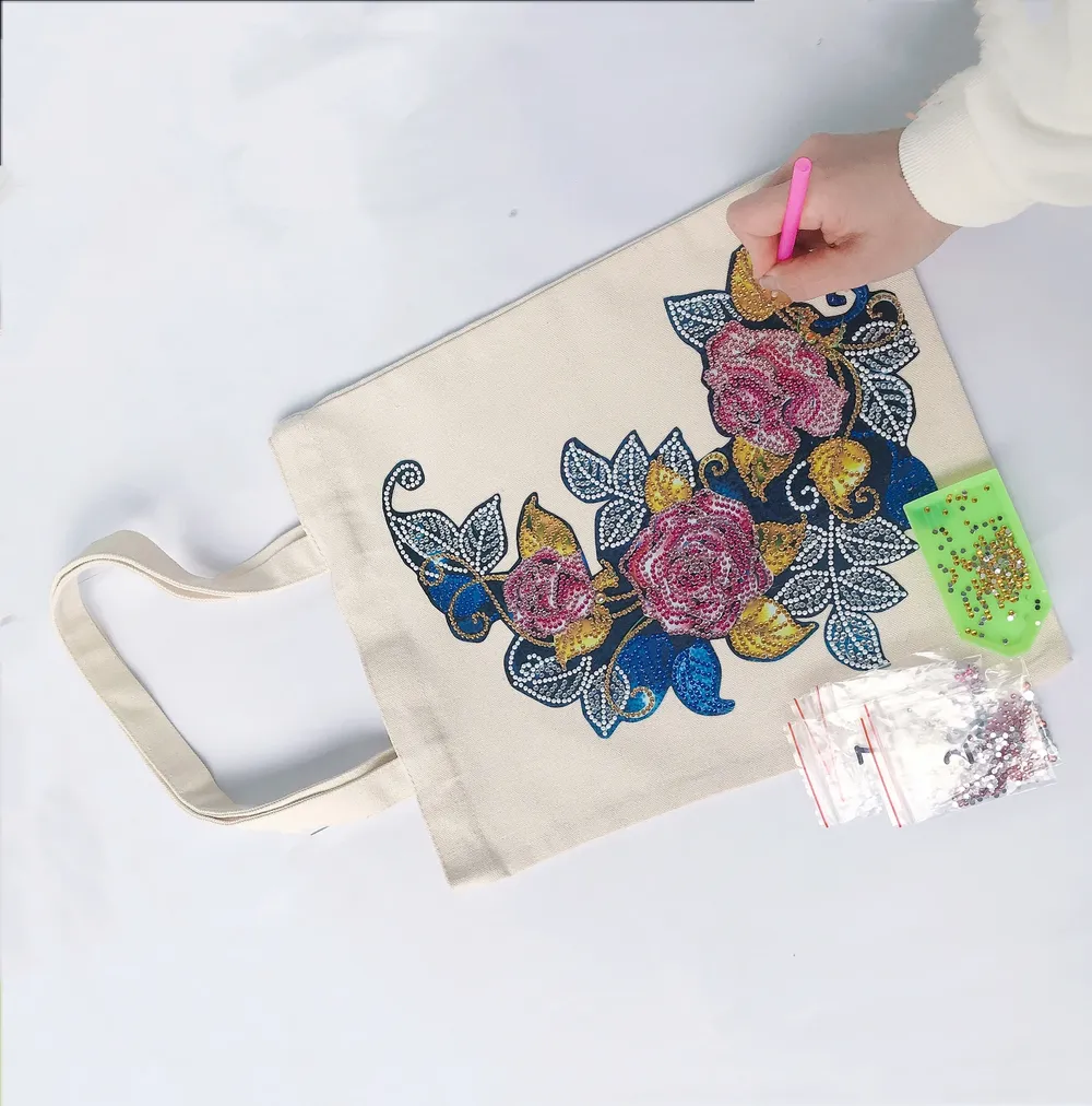 Einkaufstasche Diamantmalerei Blumen Kristall Strass Handtasche