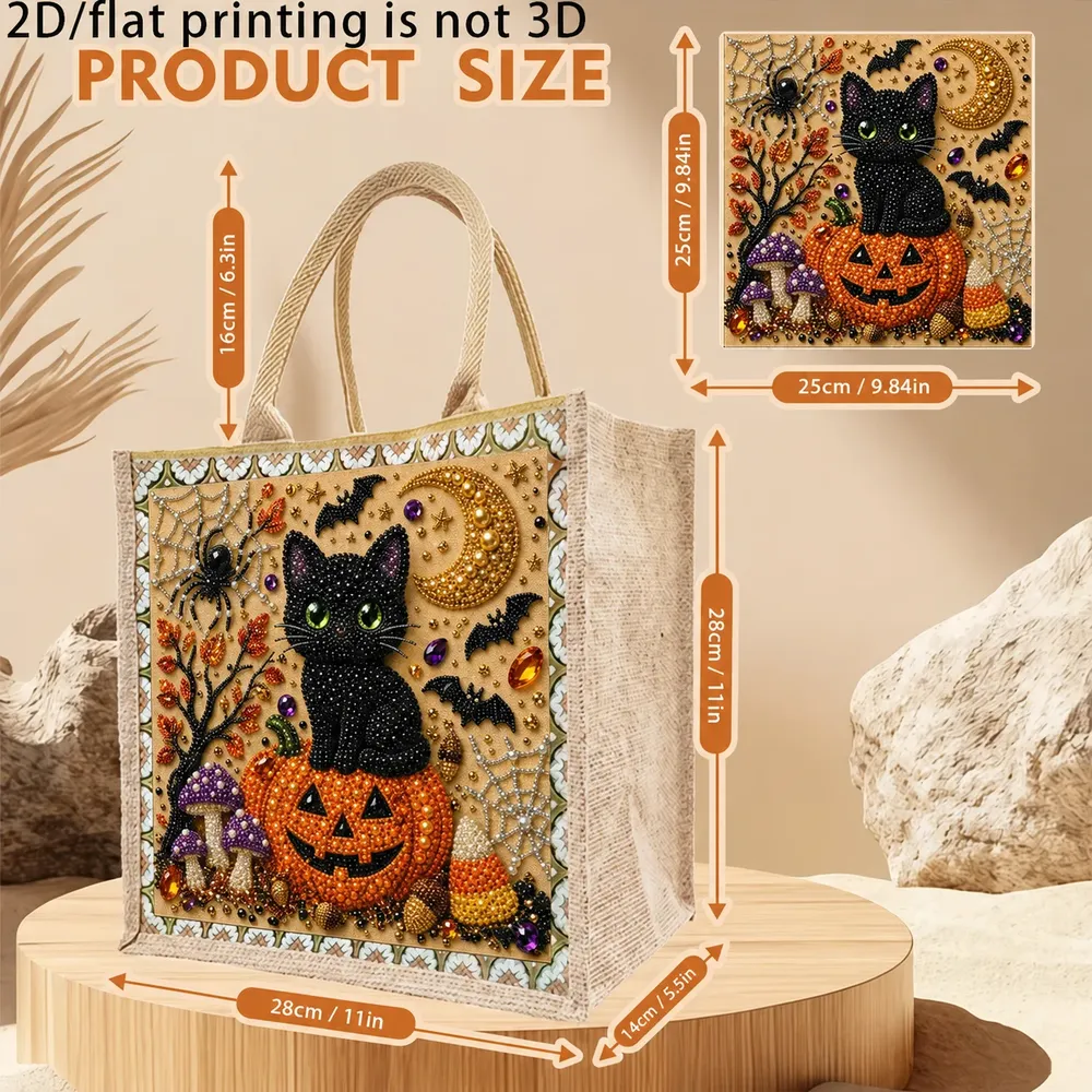 Einkaufstasche Diamantmalerei Halloween Katze Kürbis Jute