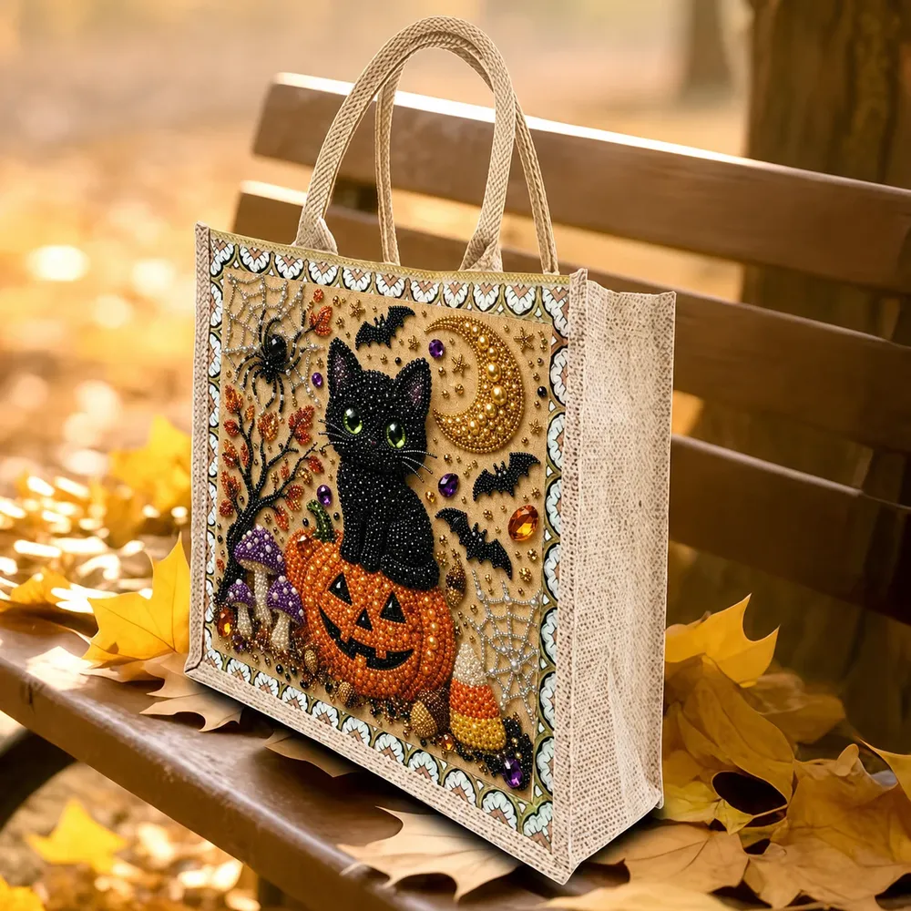 Einkaufstasche Diamantmalerei Halloween Katze Kürbis Jute