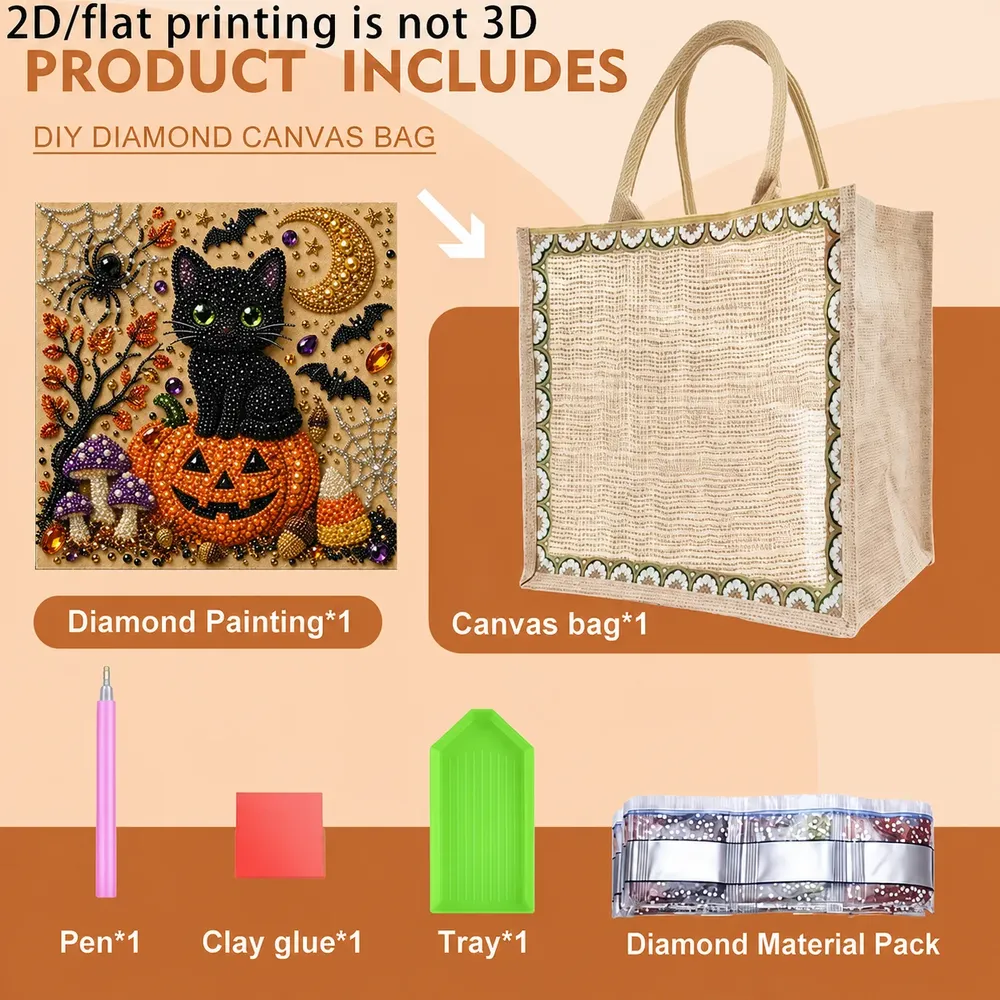 Einkaufstasche Diamantmalerei Halloween Katze Kürbis Jute