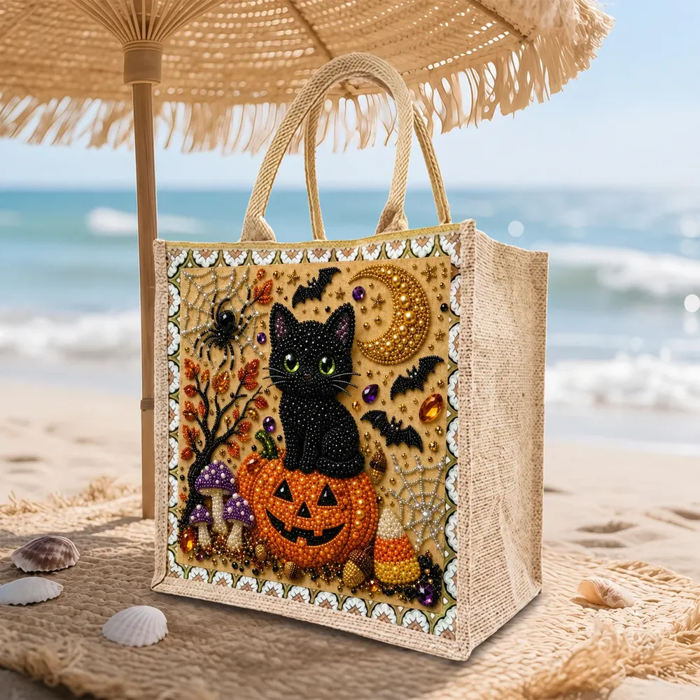 Einkaufstasche Diamantmalerei Halloween Katze Kürbis Jute