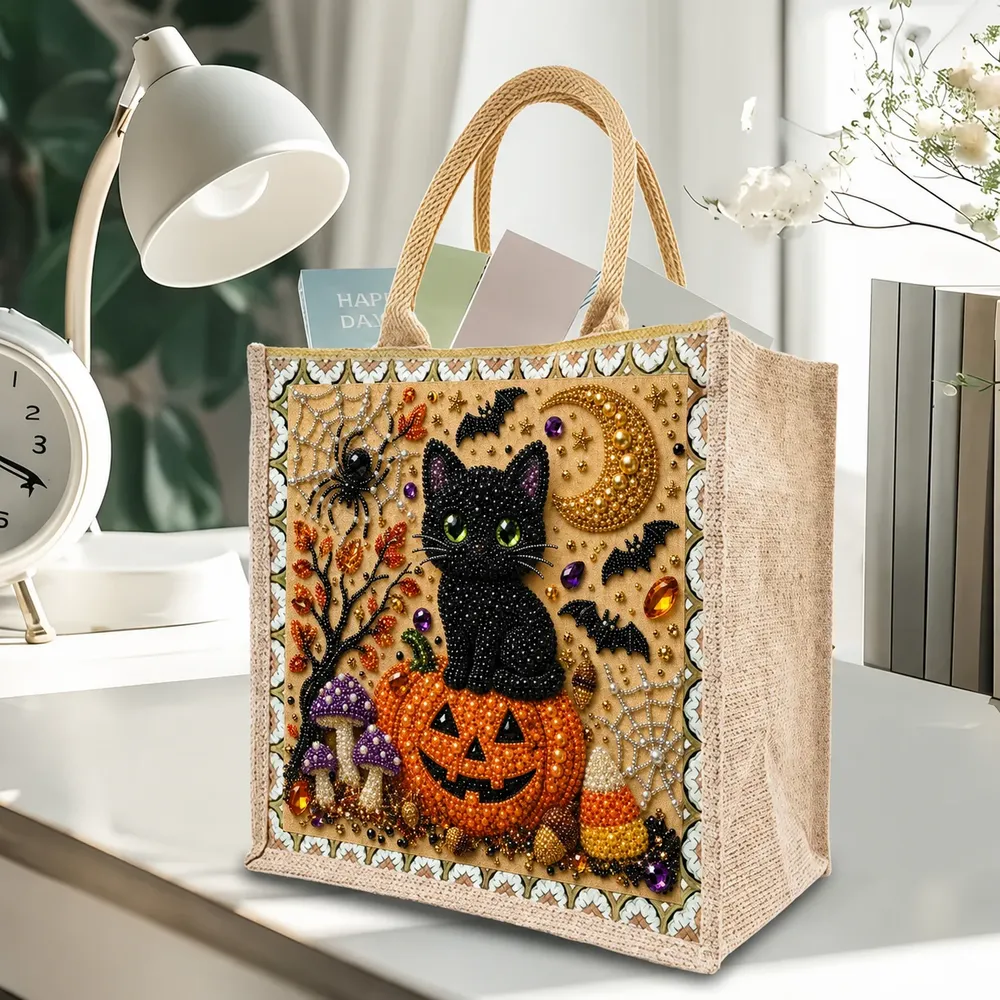 Einkaufstasche Diamantmalerei Halloween Katze Kürbis Jute