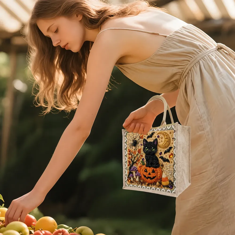 Einkaufstasche Diamantmalerei Halloween Katze Kürbis Jute