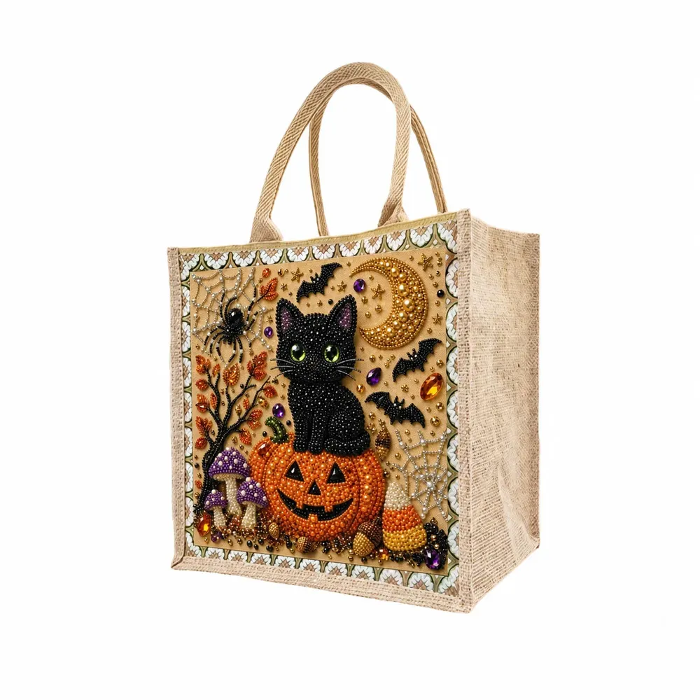 Einkaufstasche Diamantmalerei Halloween Katze Kürbis Jute