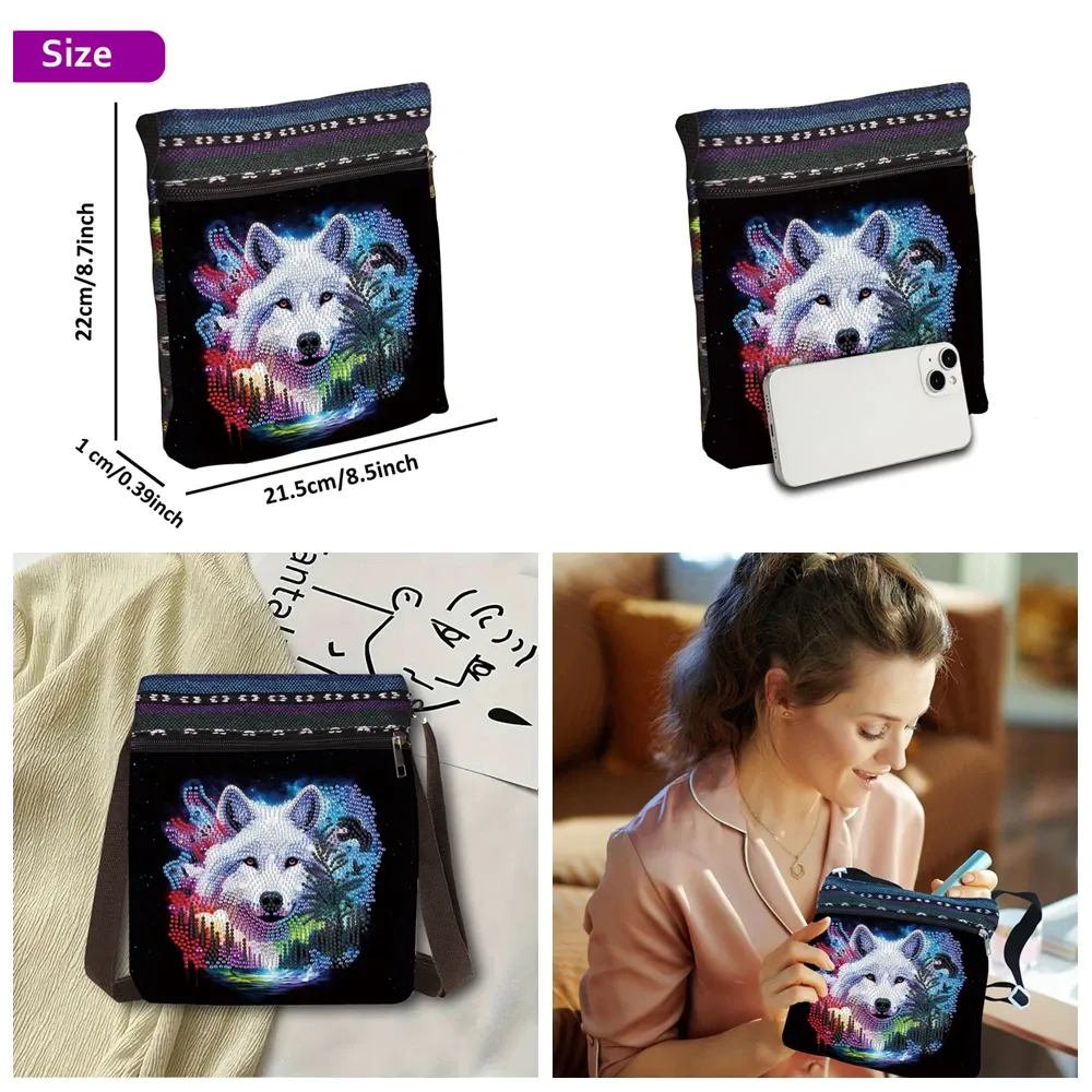 Handtasche Diamantmalerei Wolf Kristall Strass Umhängetasche