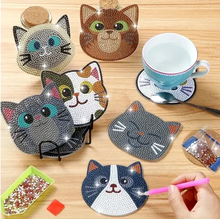 Katzen Diamantmalerei Untersetzer Set mit Halter Anti-Rutsch Holz