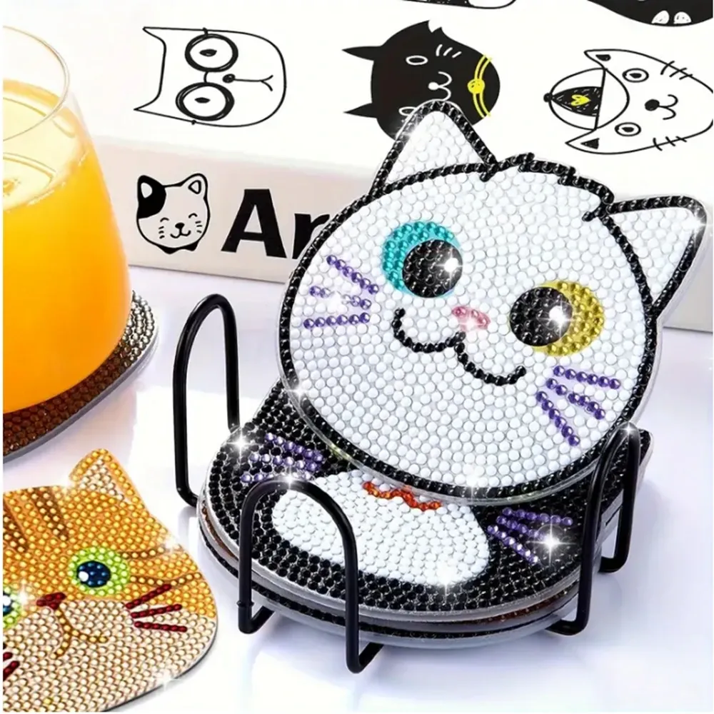 Katzen Diamantmalerei Untersetzer Set mit Halter Anti-Rutsch Holz