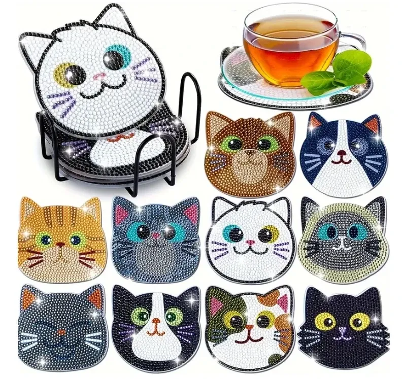 Katzen Diamantmalerei Untersetzer Set mit Halter Anti-Rutsch Holz