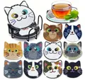 Katzen Diamantmalerei Untersetzer Set mit Halter Anti-Rutsch Holz – Farbe AA1624