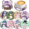 Schneemann Diamantmalerei Untersetzer Set mit Halter Holz Feiertag – 1