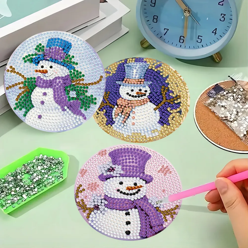 Schneemann Diamantmalerei Untersetzer Set mit Halter Holz Feiertag