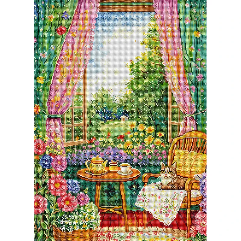 Teestunde Katze Diamantmalerei AB Steine 50 x 70 cm