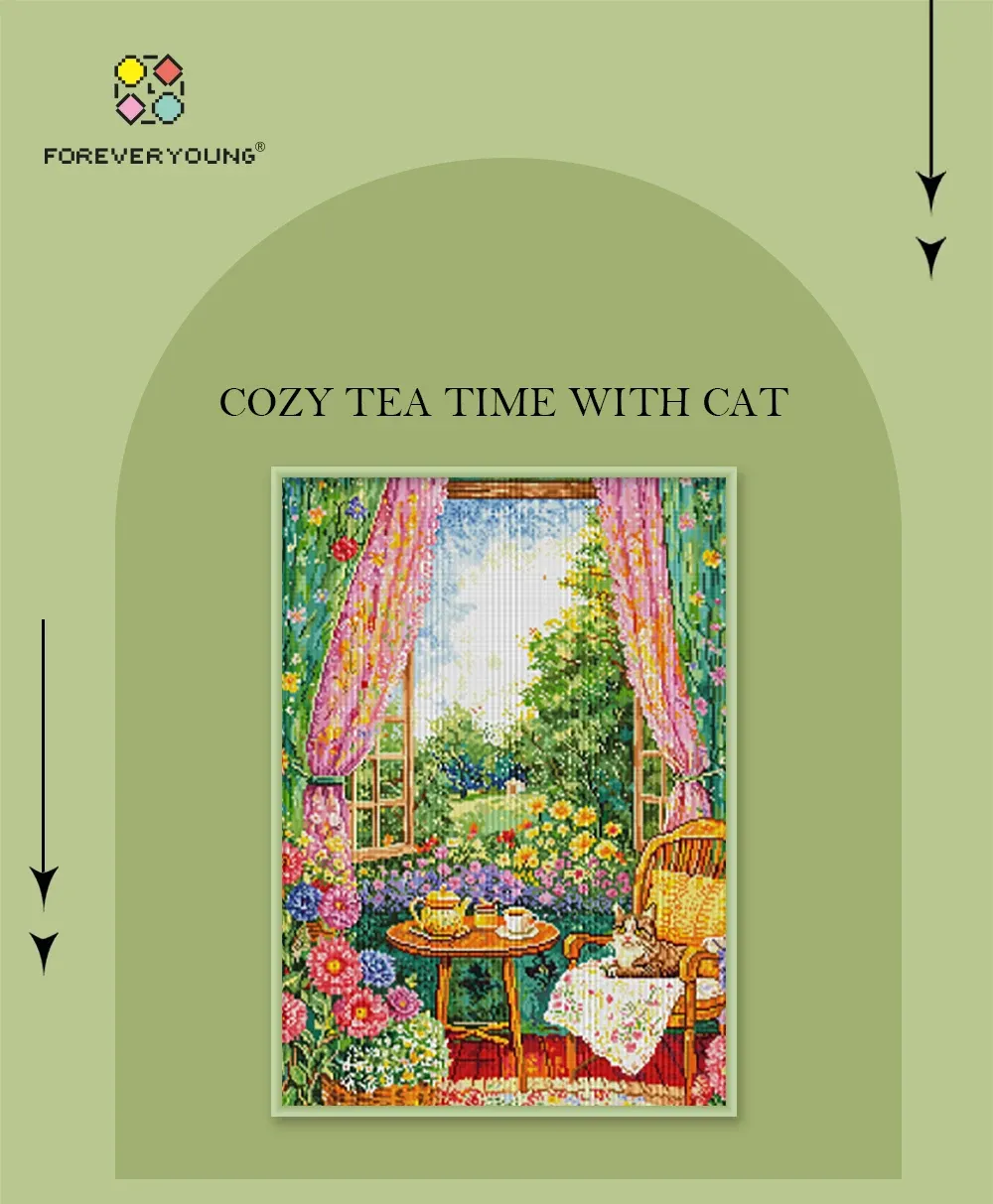 Teestunde Katze Diamantmalerei AB Steine 50 x 70 cm